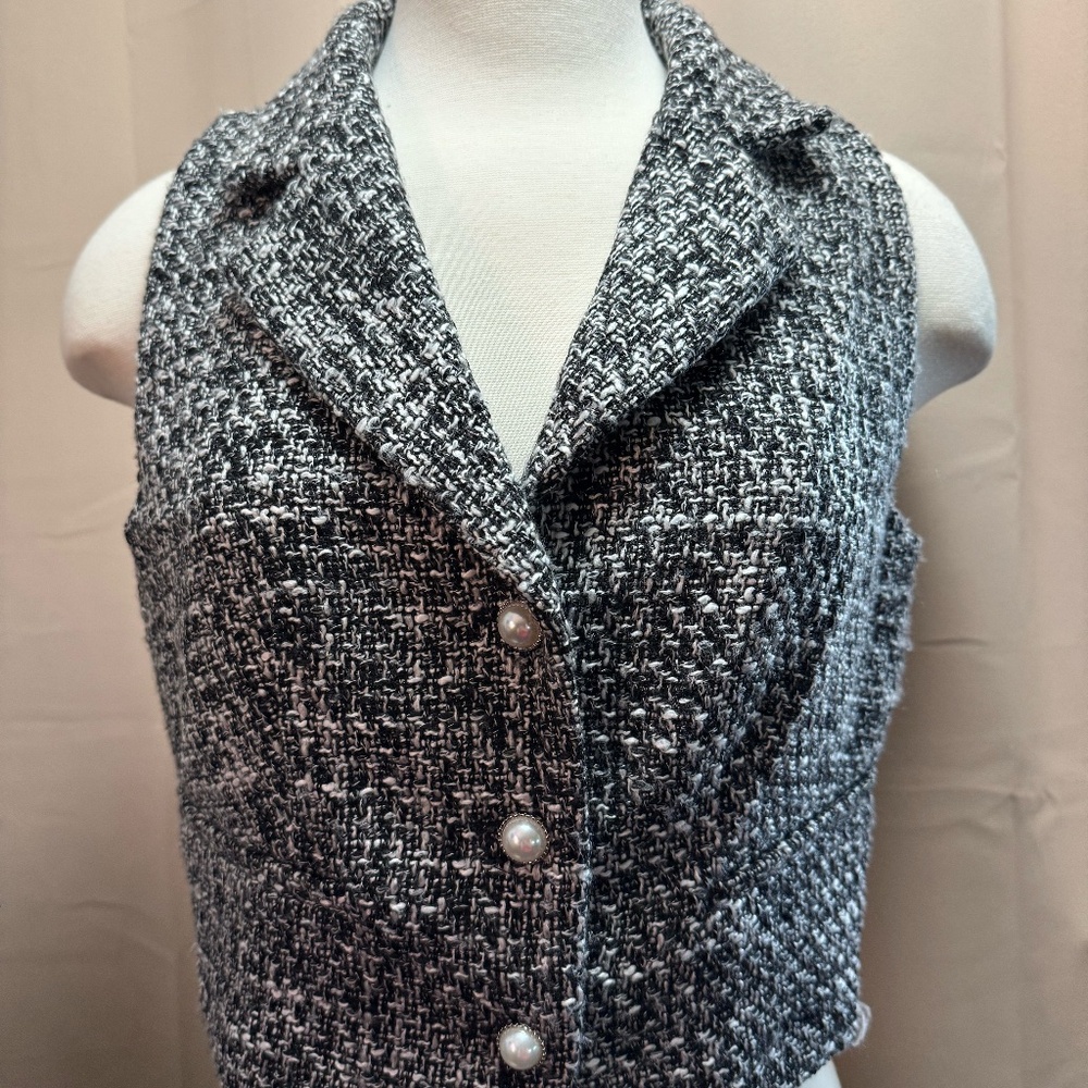 JOIE Black White Tweed Pearl Button Cropped Vest